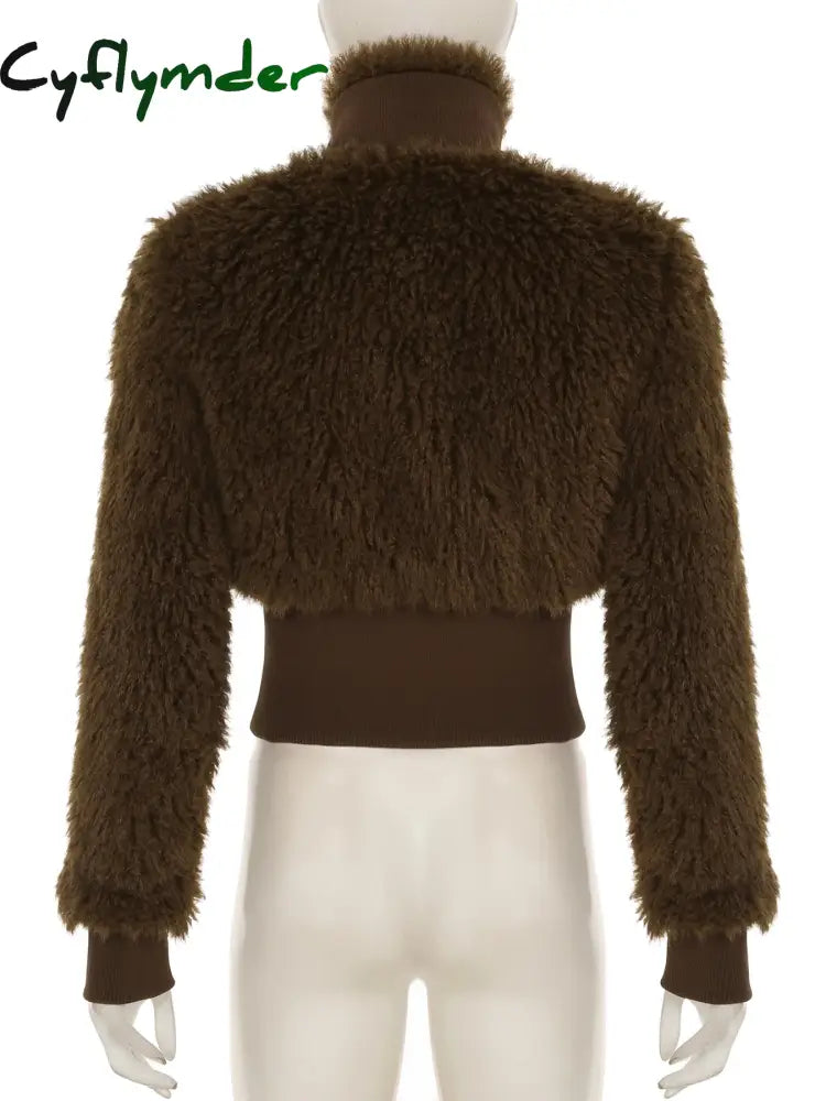 Cyflymder Retro Brown Fur Coat Y2K Turtleneck Zipper Jacket Vintage Casual Winter Thick Outwear Streetwear Women