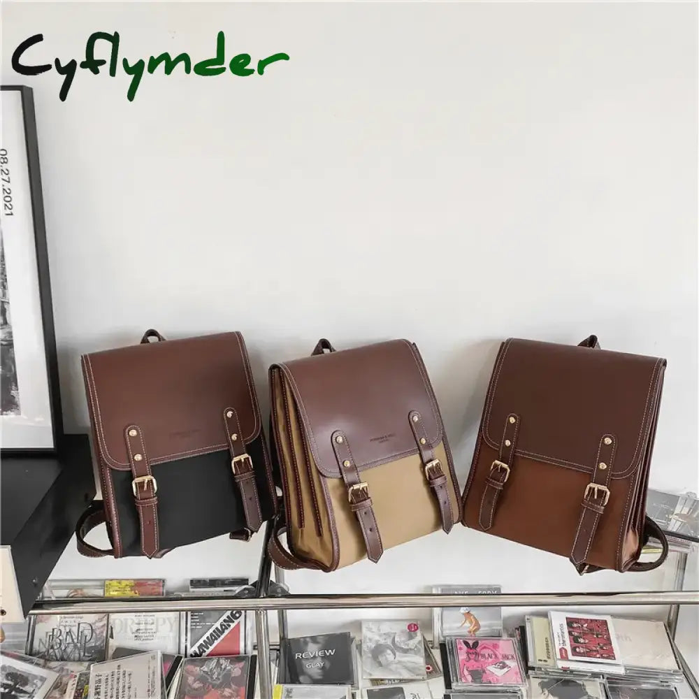 Cyflymder Retro Fashion Woman Backpack Pu Leather Big School Bags For Teenagers Girls Simple New
