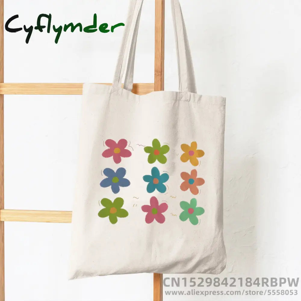 Cyflymder Retro Flower Power Y2K Floral Women Canvas Tote Bag Girl Reusable Shopper Foldable Ecobag