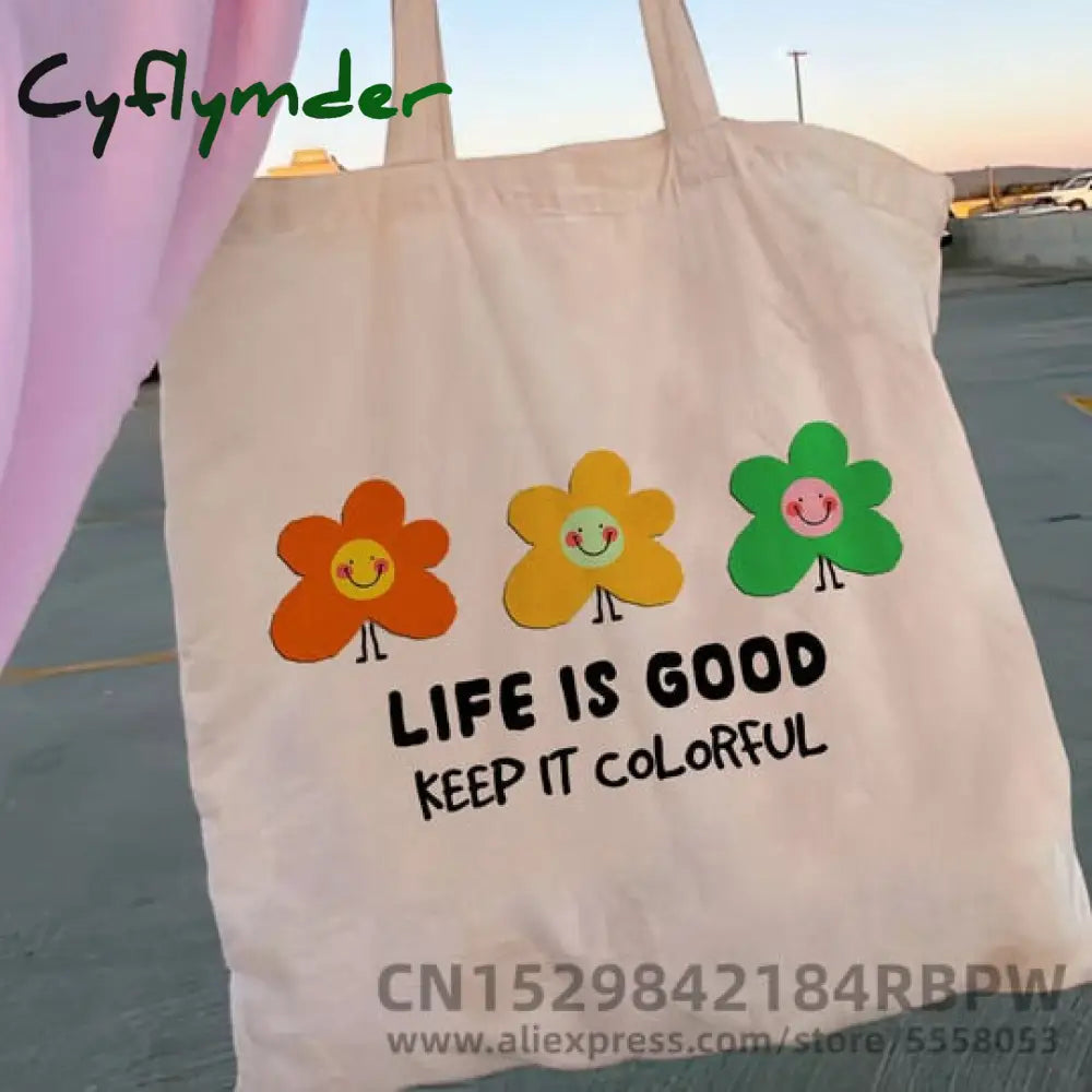 Cyflymder Retro Flower Power Y2K Floral Women Canvas Tote Bag Girl Reusable Shopper Foldable Ecobag