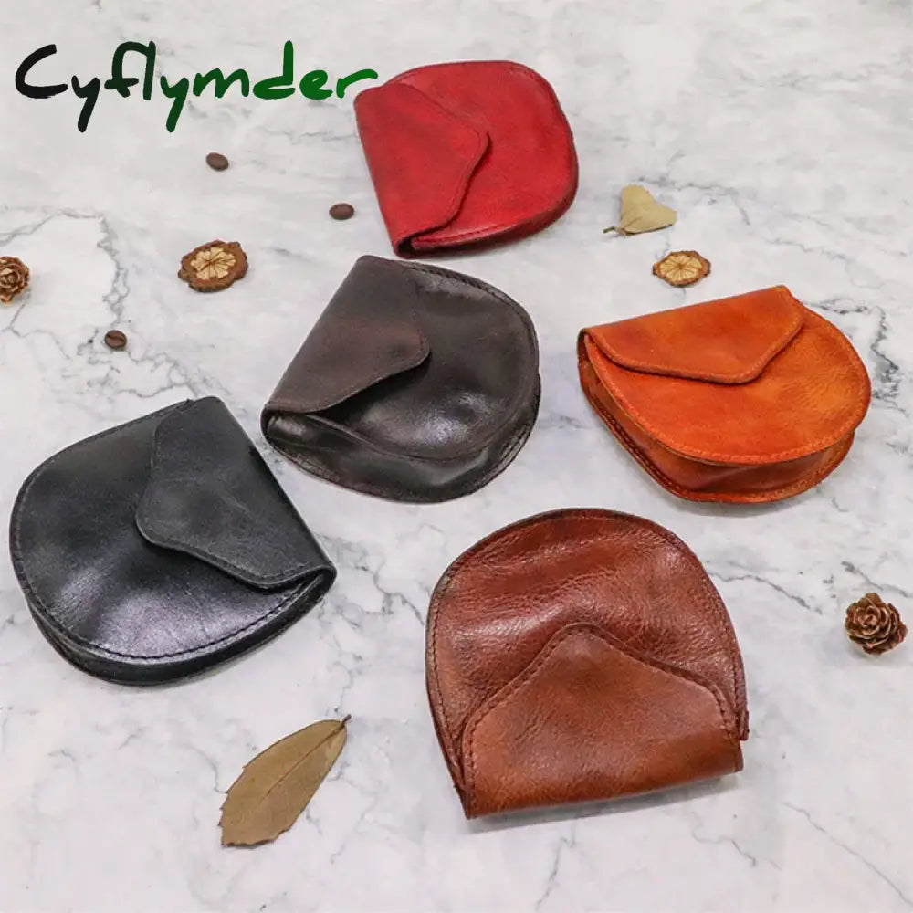 Cyflymder Retro Genuine Leather Coin Purse For Men Horseshoe Design Small Flap Wallet Square