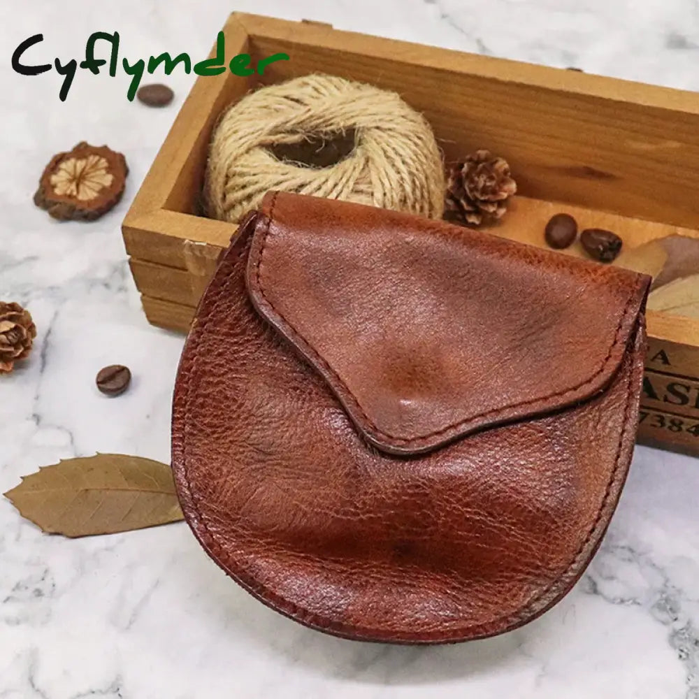 Cyflymder Retro Genuine Leather Coin Purse For Men Horseshoe Design Small Flap Wallet Square