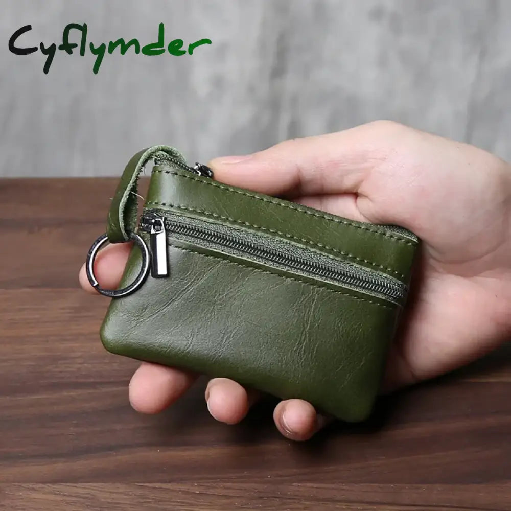 Cyflymder Retro Genuine Leather Mini Zero Wallet For Men And Wom Solid Color Top Layer Cowhide Zipper Small Card Bag