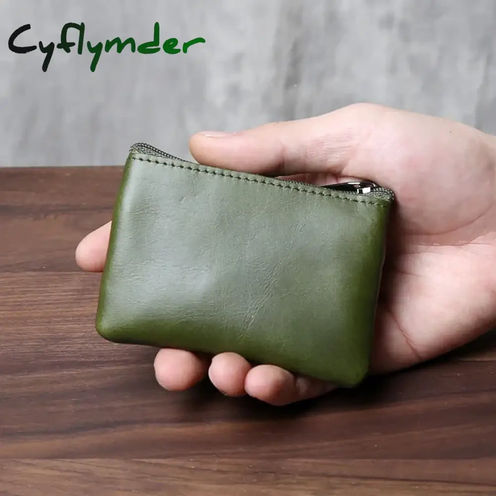 Cyflymder Retro Genuine Leather Mini Zero Wallet For Men And Wom Solid Color Top Layer Cowhide Zipper Small Card Bag