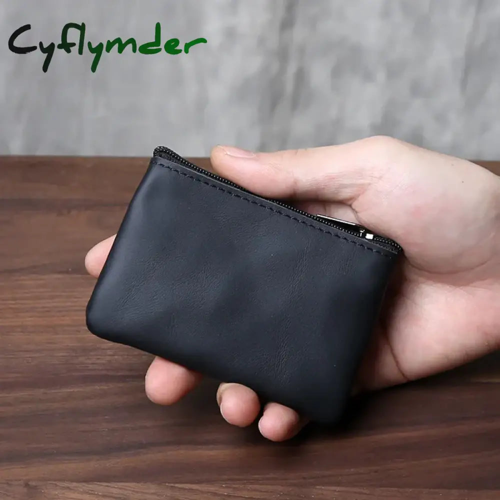 Cyflymder Retro Genuine Leather Mini Zero Wallet For Men And Wom Solid Color Top Layer Cowhide Zipper Small Card Bag