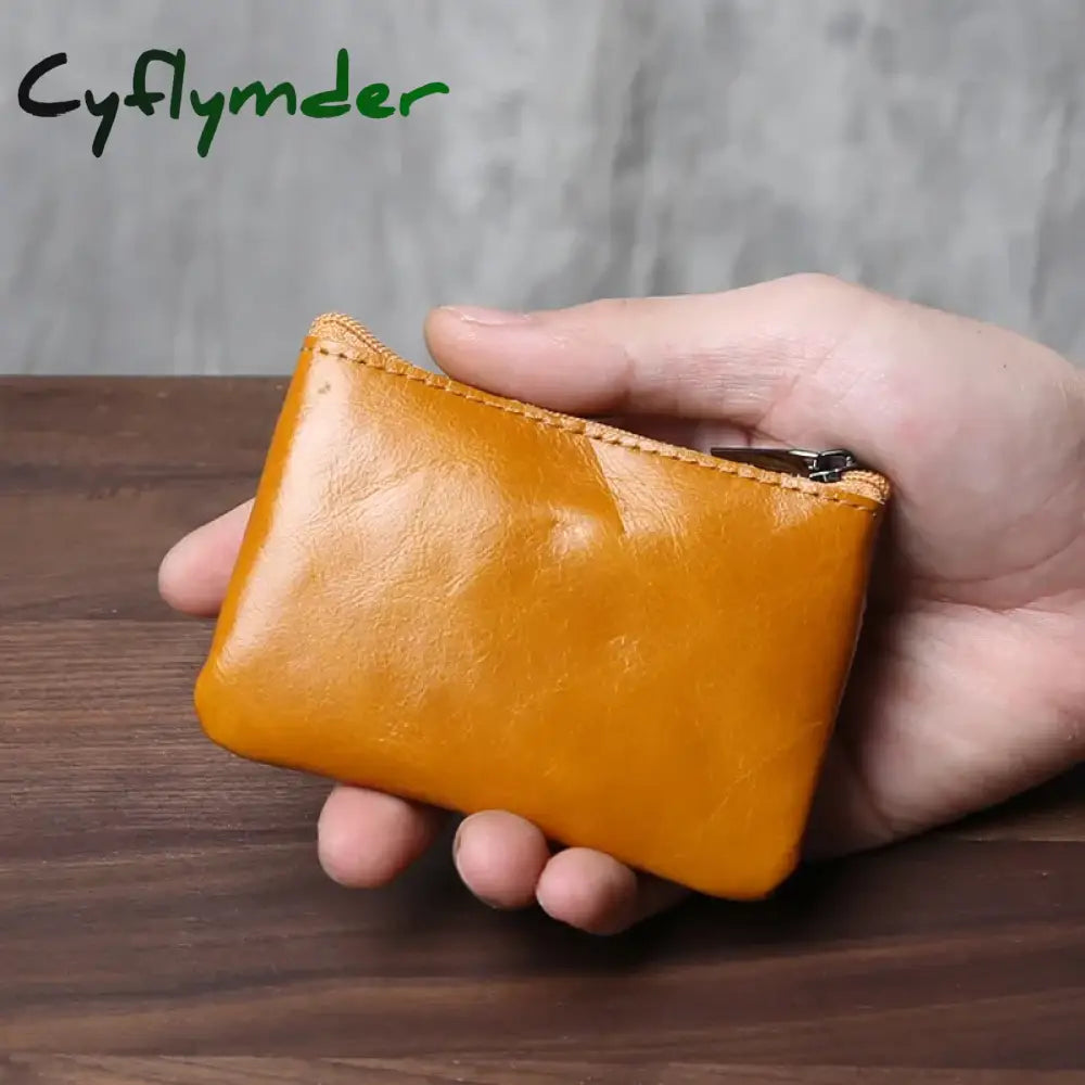 Cyflymder Retro Genuine Leather Mini Zero Wallet For Men And Wom Solid Color Top Layer Cowhide Zipper Small Card Bag