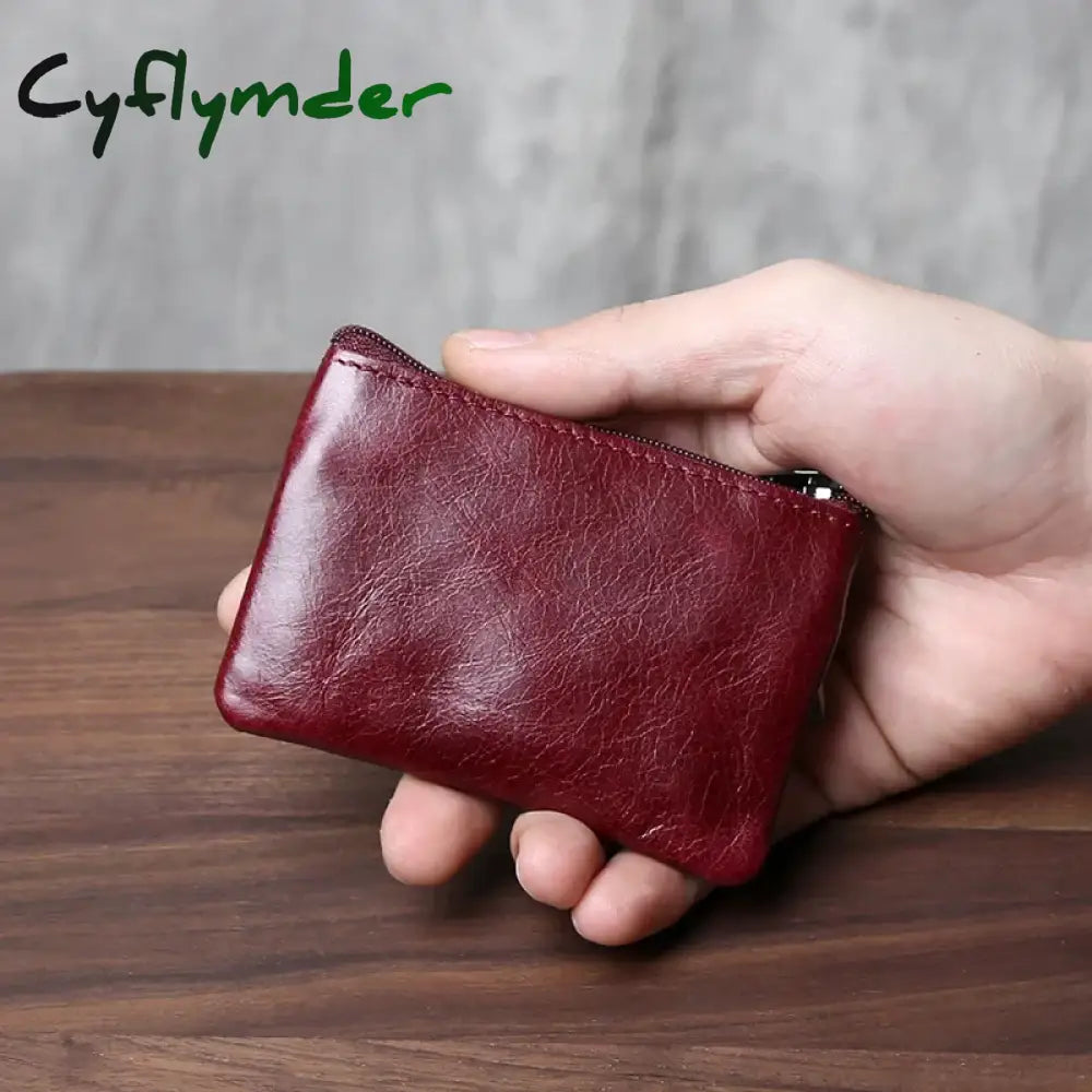 Cyflymder Retro Genuine Leather Mini Zero Wallet For Men And Wom Solid Color Top Layer Cowhide Zipper Small Card Bag