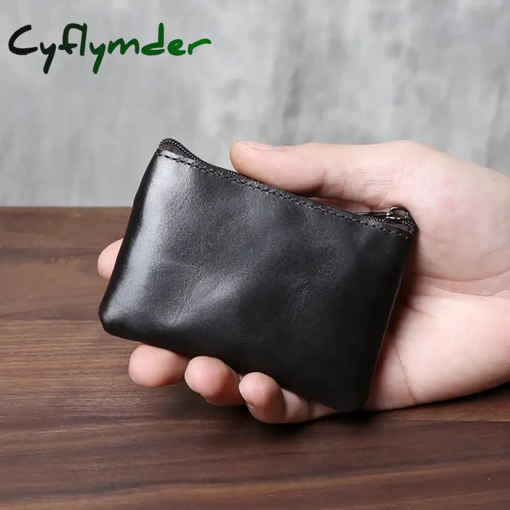 Cyflymder Retro Genuine Leather Mini Zero Wallet For Men And Wom Solid Color Top Layer Cowhide Zipper Small Card Bag