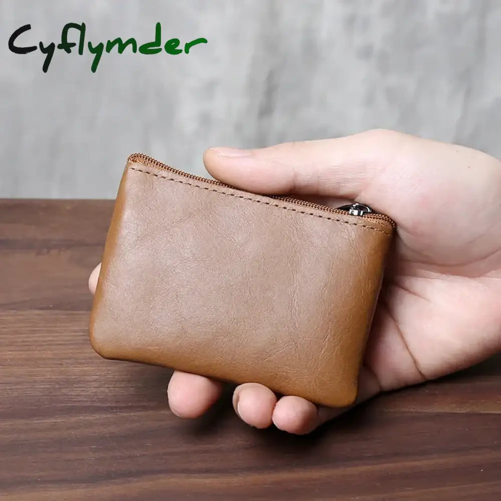 Cyflymder Retro Genuine Leather Mini Zero Wallet For Men And Wom Solid Color Top Layer Cowhide Zipper Small Card Bag