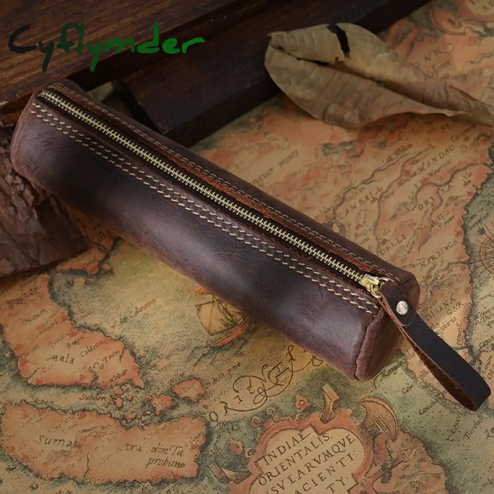 Cyflymder Retro Genuine Leather Pencil Bag Fountain Pen Storage Case Handmade Student Stationery