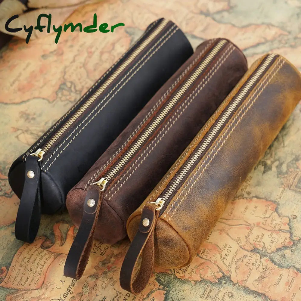 Cyflymder Retro Genuine Leather Pencil Bag Fountain Pen Storage Case Handmade Student Stationery