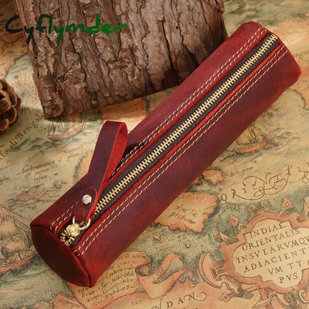 Cyflymder Retro Genuine Leather Pencil Bag Fountain Pen Storage Case Handmade Student Stationery