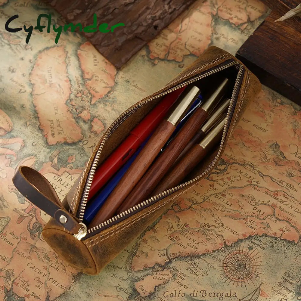 Cyflymder Retro Genuine Leather Pencil Bag Fountain Pen Storage Case Handmade Student Stationery