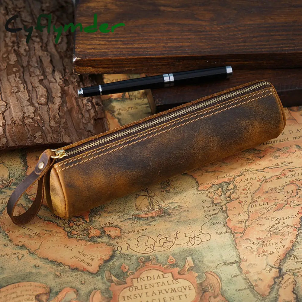 Cyflymder Retro Genuine Leather Pencil Bag Fountain Pen Storage Case Handmade Student Stationery