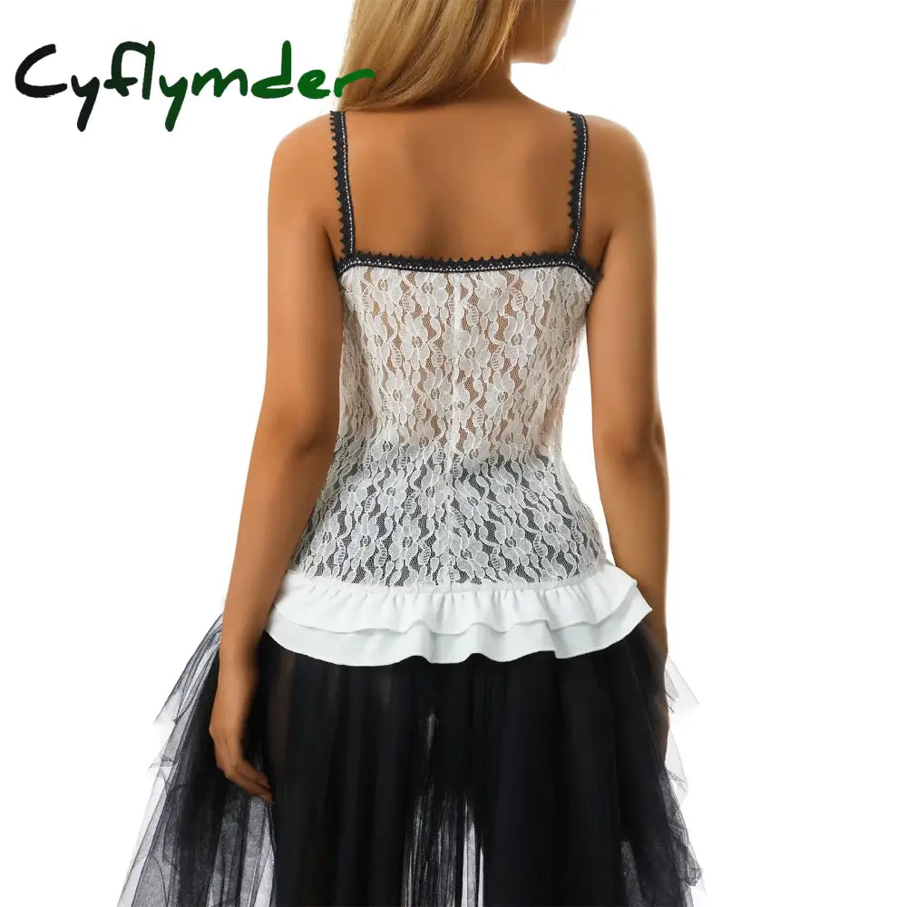 Cyflymder Retro Grunge Cami Tank Top Low Cut White Lace Transparent Ruffles Hem Sleeveless Vest E-girl Punk Harajuku