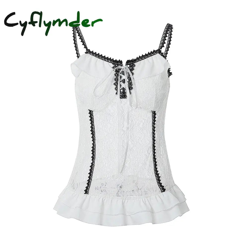 Cyflymder Retro Grunge Cami Tank Top Low Cut White Lace Transparent Ruffles Hem Sleeveless Vest E-girl Punk Harajuku