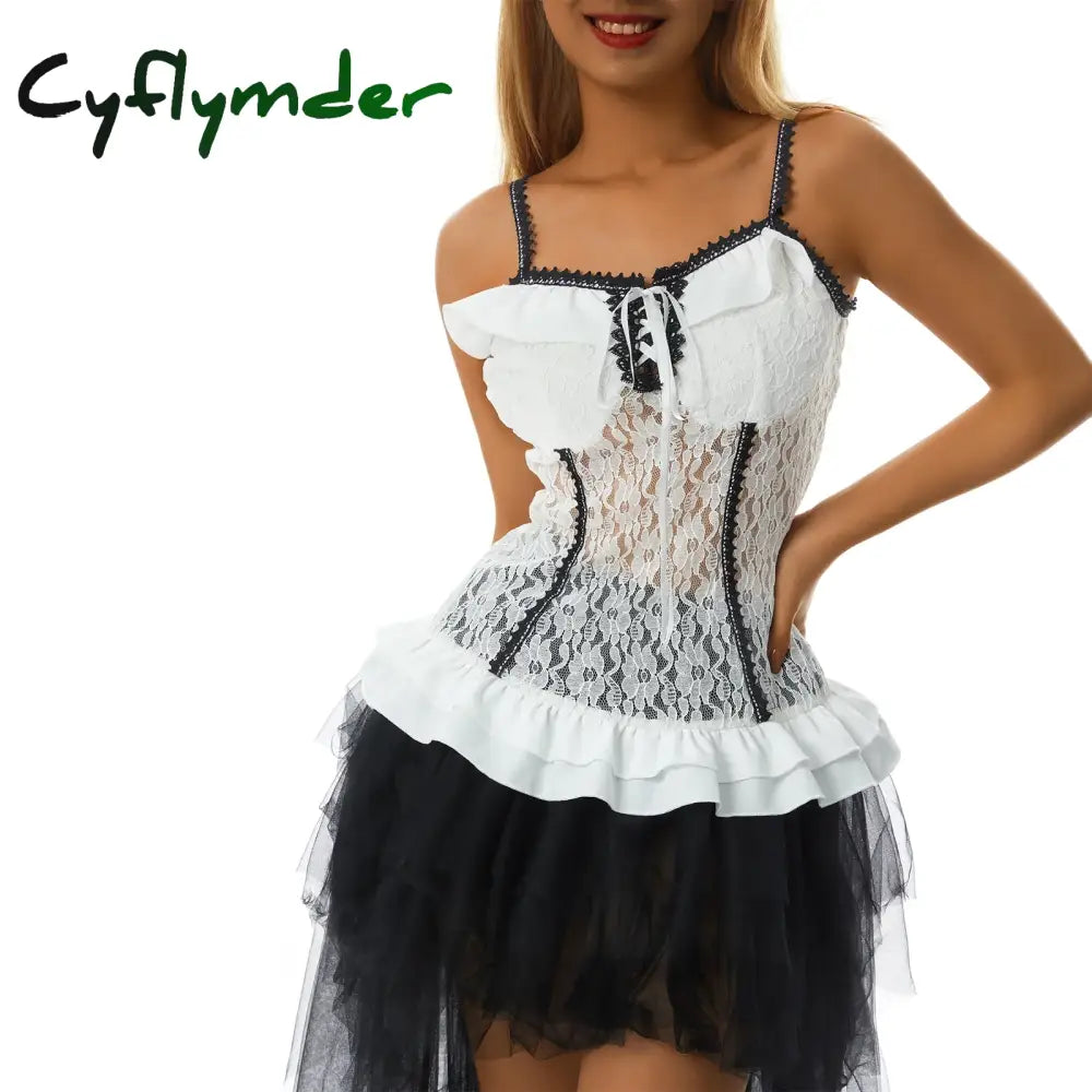 Cyflymder Retro Grunge Cami Tank Top Low Cut White Lace Transparent Ruffles Hem Sleeveless Vest E-girl Punk Harajuku