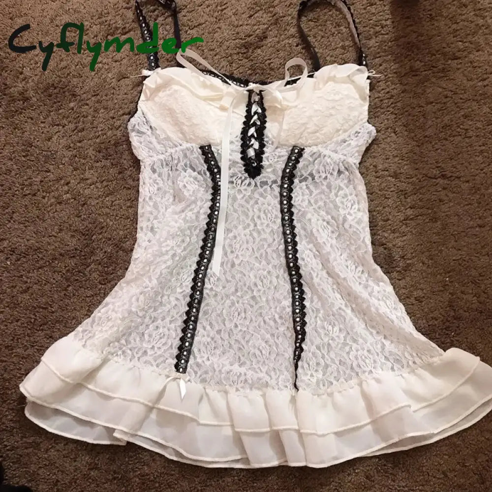 Cyflymder Retro Grunge Cami Tank Top Low Cut White Lace Transparent Ruffles Hem Sleeveless Vest E-girl Punk Harajuku