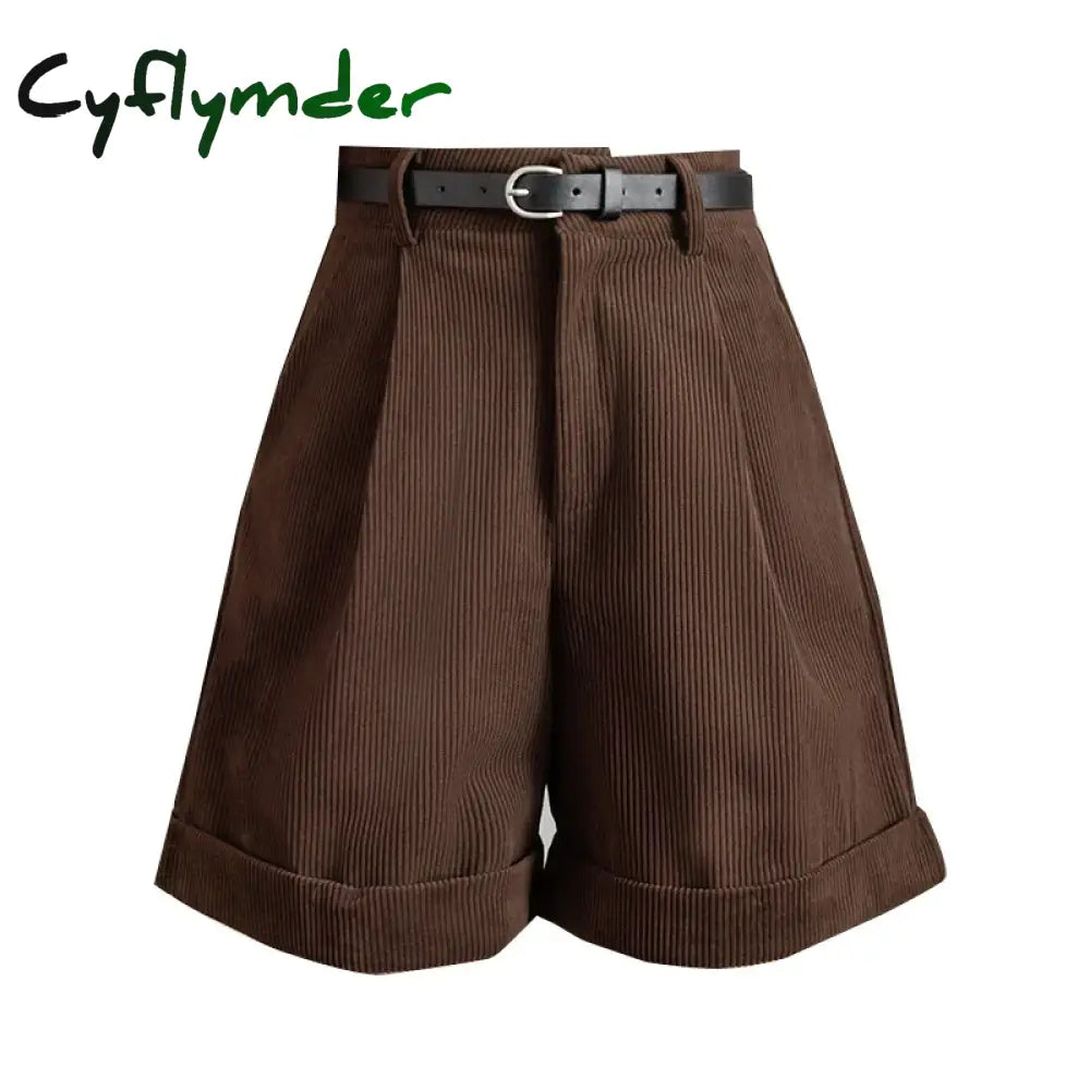 Cyflymder Retro High Waist Wide-Leg Women Shorts 2024 New Autumn Winter Corduroy Casual Female