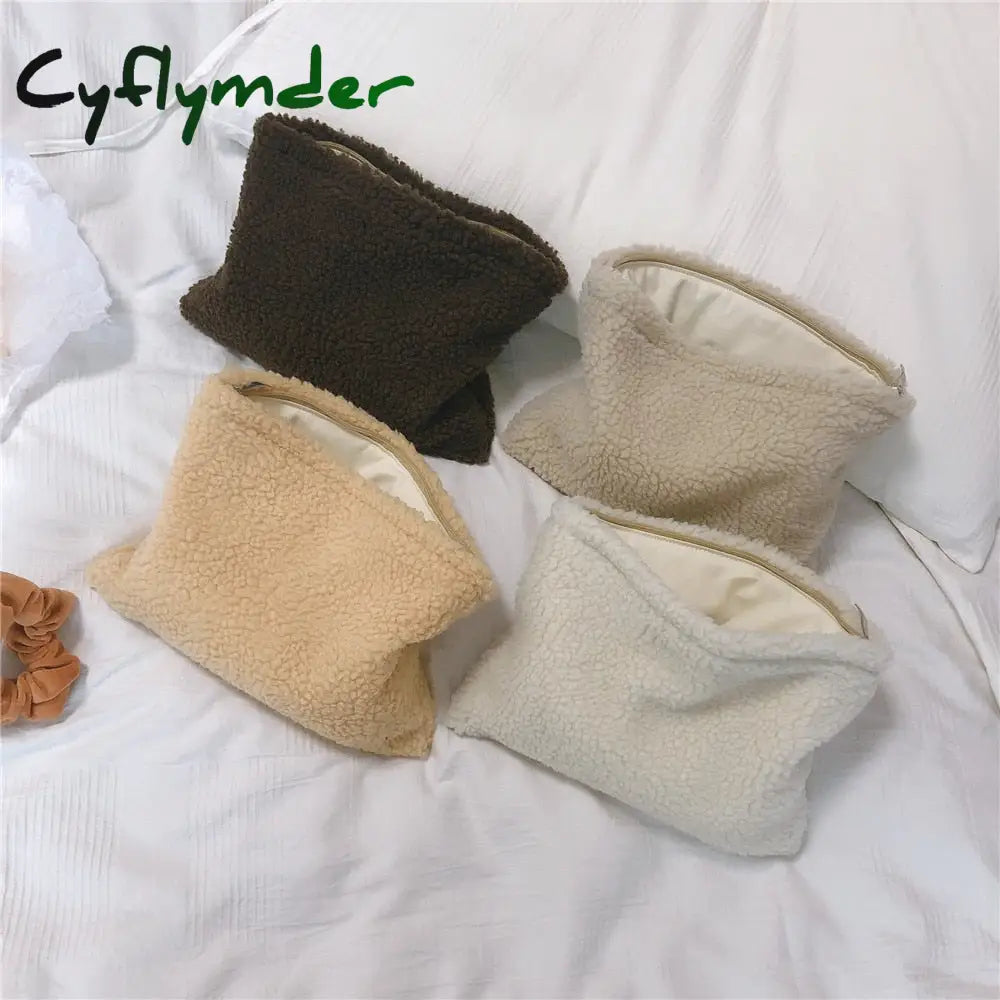 Cyflymder Retro Lambswool Cosmetic Bag Winter Warm Makeup Solid Color Women Travel Bags Beauty