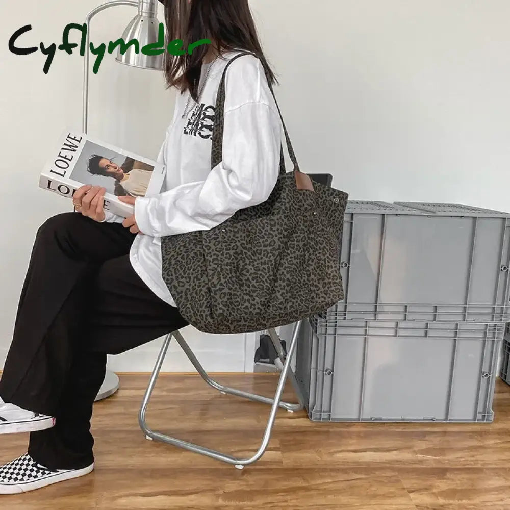 Cyflymder Retro Leopard Shoulder Bag Women Large Capacity Handbag Fashion Female Shopping Tote