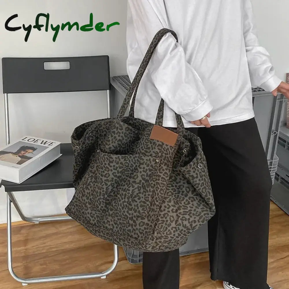 Cyflymder Retro Leopard Shoulder Bag Women Large Capacity Handbag Fashion Female Shopping Tote