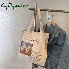 Cyflymder Retro Literary Art Canvas Bag Blue Letter Handbag Van Gogh Large Capacity Shopping