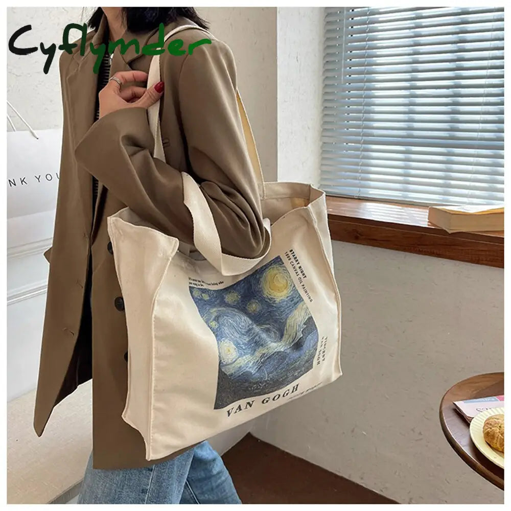 Cyflymder Retro Literary Art Canvas Bag Blue Letter Handbag Van Gogh Large Capacity Shopping