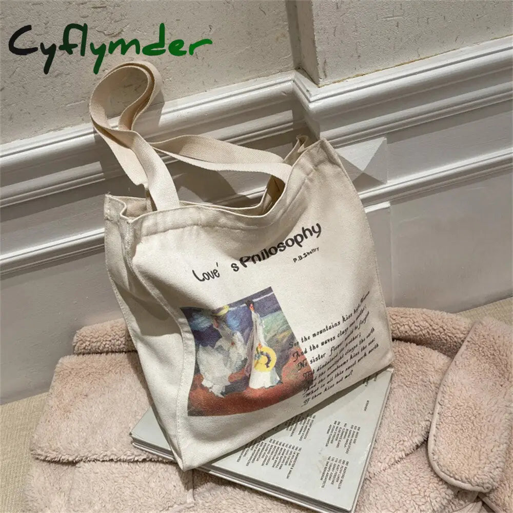 Cyflymder Retro Literary Art Canvas Bag Blue Letter Handbag Van Gogh Large Capacity Shopping