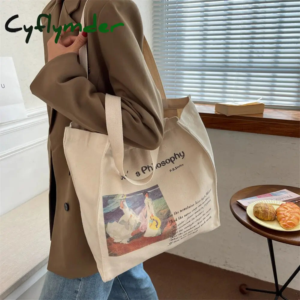 Cyflymder Retro Literary Art Canvas Bag Blue Letter Handbag Van Gogh Large Capacity Shopping