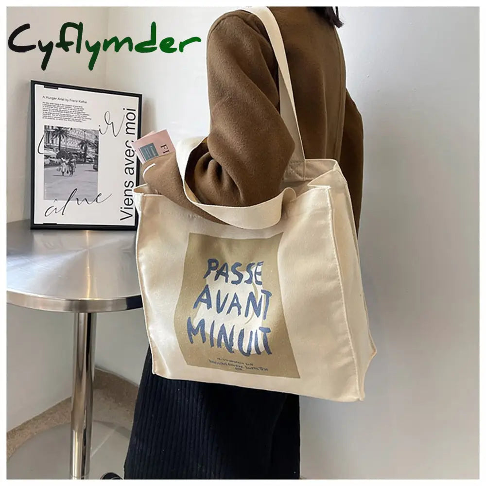 Cyflymder Retro Literary Art Canvas Bag Blue Letter Handbag Van Gogh Large Capacity Shopping