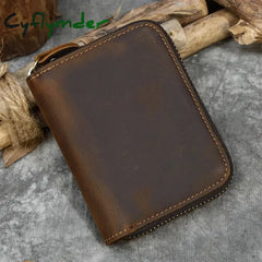 Cyflymder Retro Men’s Short Wallet Vintage Cow Leather Vertical Thin Male Zipper Square Credit