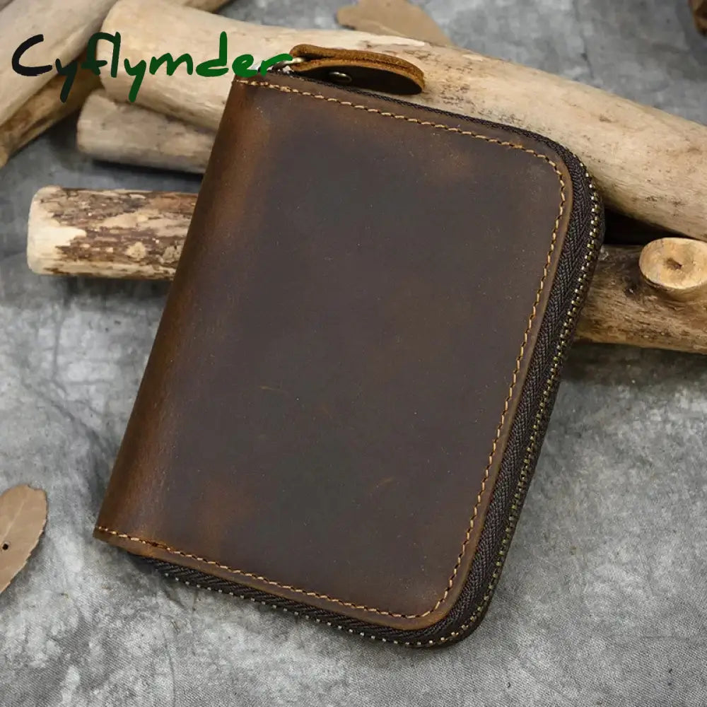 Cyflymder Retro Men’s Short Wallet Vintage Cow Leather Vertical Thin Male Zipper Square Credit