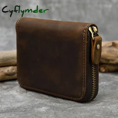 Cyflymder Retro Men’s Short Wallet Vintage Cow Leather Vertical Thin Male Zipper Square Credit