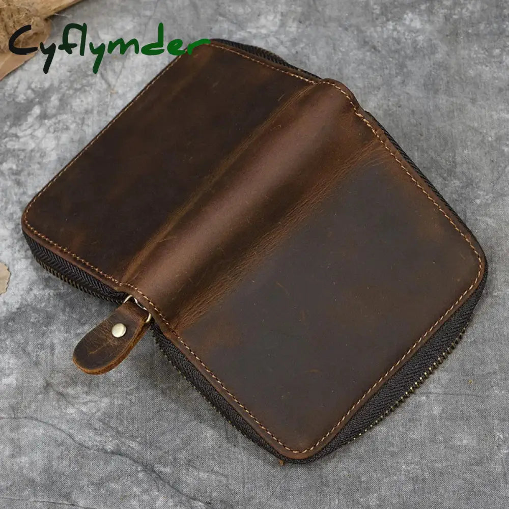 Cyflymder Retro Men’s Short Wallet Vintage Cow Leather Vertical Thin Male Zipper Square Credit