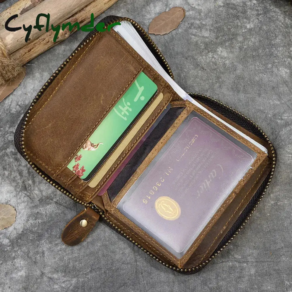 Cyflymder Retro Men’s Short Wallet Vintage Cow Leather Vertical Thin Male Zipper Square Credit