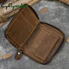 Retro Men's Short Wallet Vintage Cow  Leather Vertical Thin Male Zipper Square Credit Card Holder Small Money Purse Women Wallet