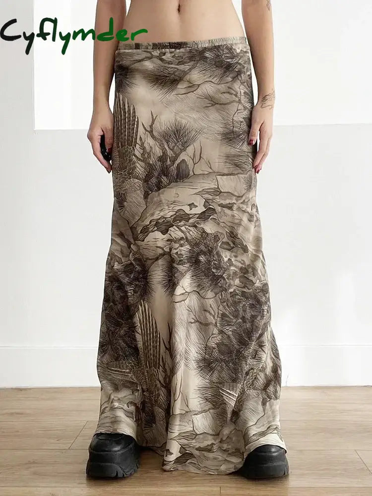 Cyflymder Retro Print Maxi Skirt Low Waist Women Y2K Aesthetics Vintage Long Skirts Harajuku Korean
