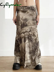 Cyflymder Retro Print Maxi Skirt Low Waist Women Y2K Aesthetics Vintage Long Skirts Harajuku Korean