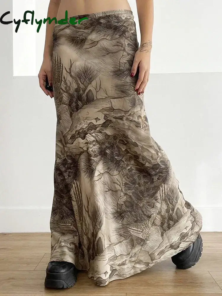 Cyflymder Retro Print Maxi Skirt Low Waist Women Y2K Aesthetics Vintage Long Skirts Harajuku Korean
