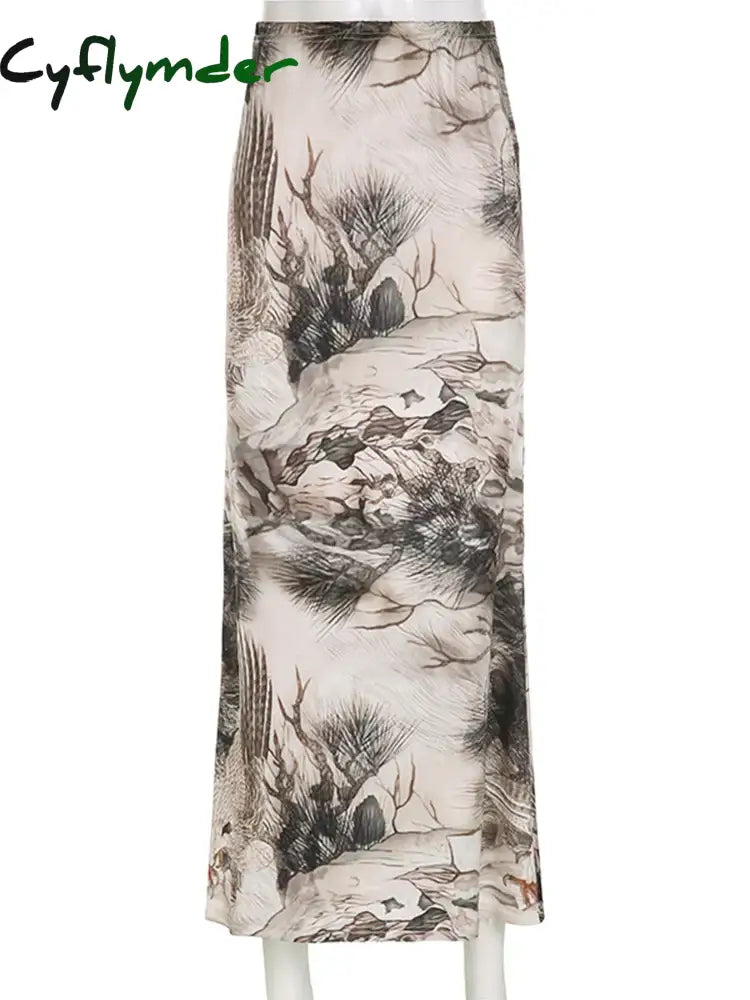 Cyflymder Retro Print Maxi Skirt Low Waist Women Y2K Aesthetics Vintage Long Skirts Harajuku Korean