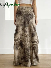Cyflymder Retro Print Maxi Skirt Low Waist Women Y2K Aesthetics Vintage Long Skirts Harajuku Korean