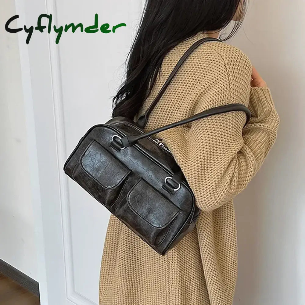 Cyflymder Retro Small Double Pockets Shoulder Bags for Women New Fashion Trend Designer Underarm Bag Female Handbags