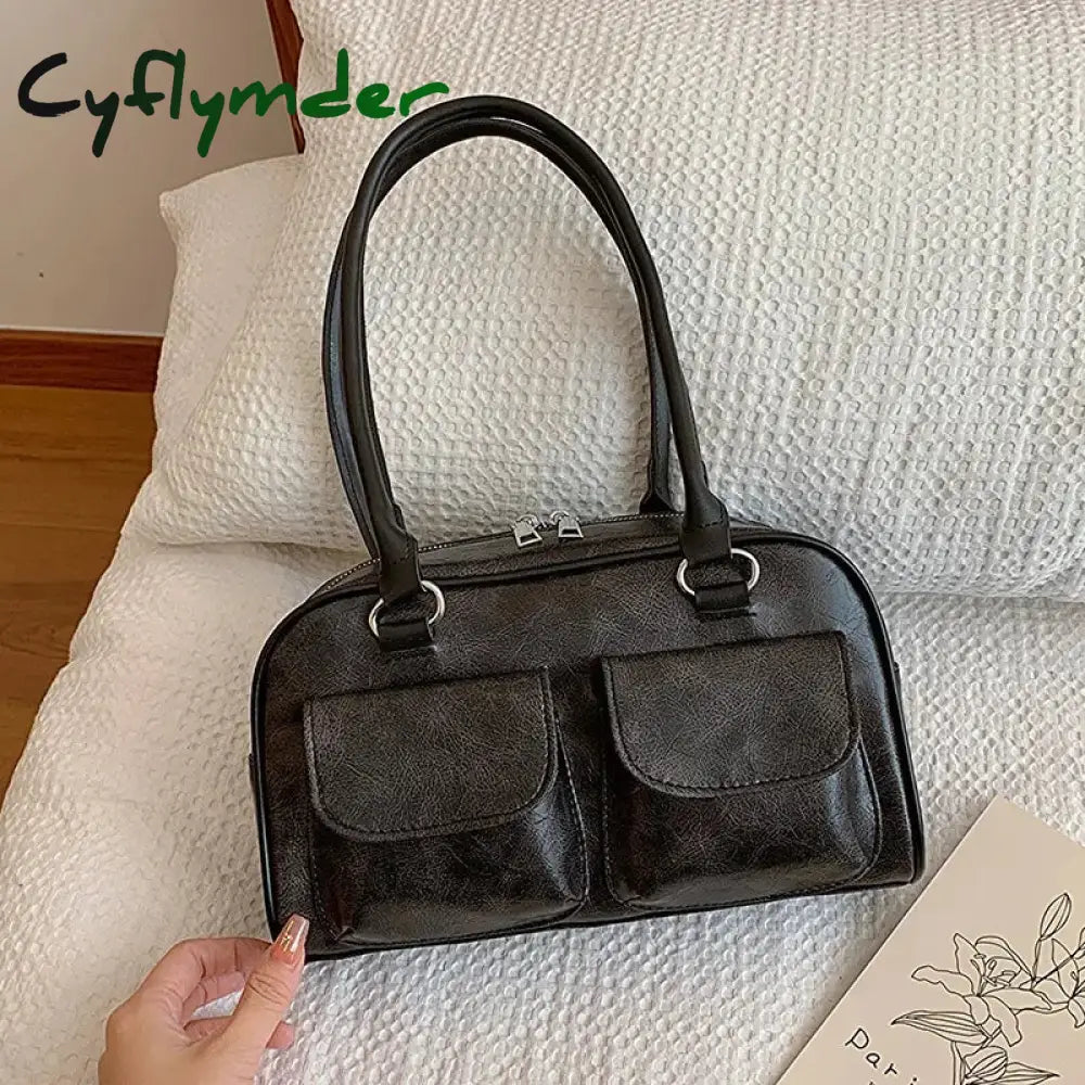 Cyflymder Retro Small Double Pockets Shoulder Bags for Women New Fashion Trend Designer Underarm Bag Female Handbags