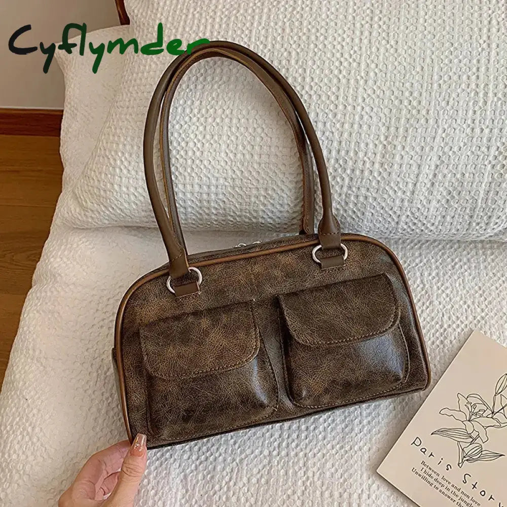 Cyflymder Retro Small Double Pockets Shoulder Bags for Women New Fashion Trend Designer Underarm Bag Female Handbags