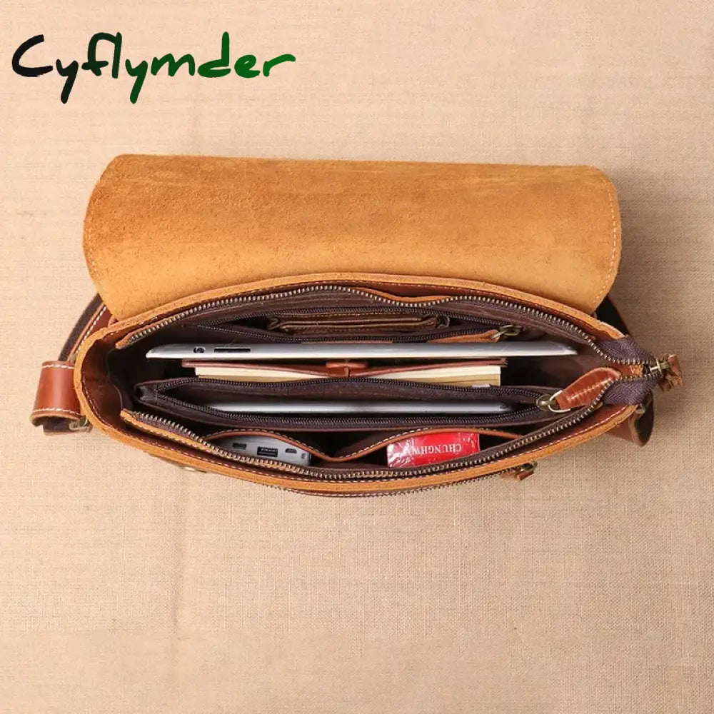 Cyflymder Retro Top Layer Cowhide Leather Men’s Flap Shoulder Bag Daily Casual Horizontal