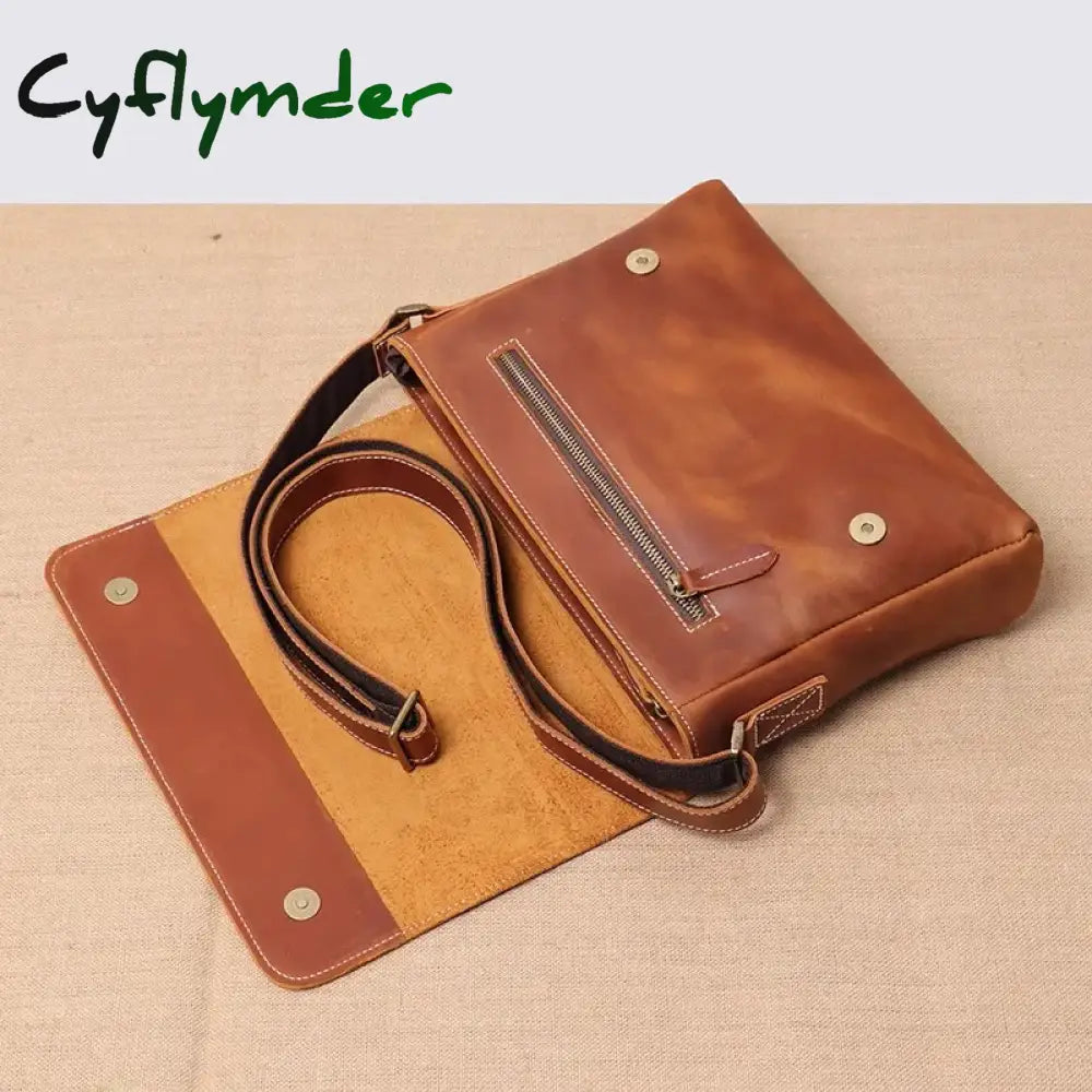 Cyflymder Retro Top Layer Cowhide Leather Men’s Flap Shoulder Bag Daily Casual Horizontal
