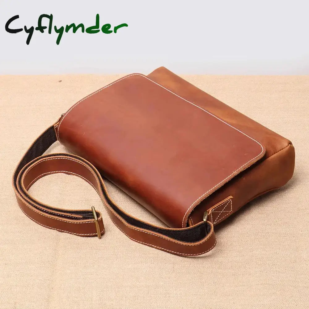 Cyflymder Retro Top Layer Cowhide Leather Men’s Flap Shoulder Bag Daily Casual Horizontal