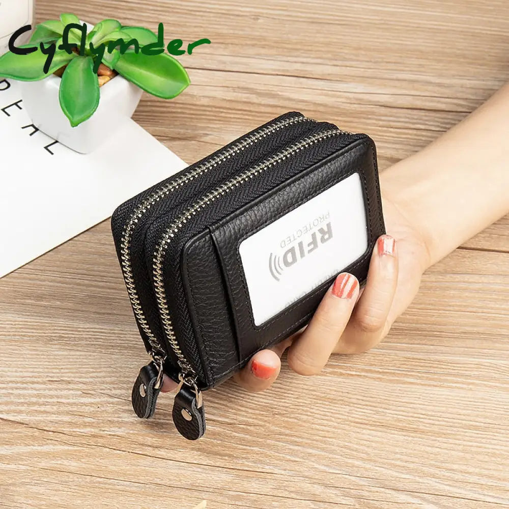 Cyflymder Rfid Blocking Fashion Women Card Holder Genuine Leather Double Zipper Large Capacity