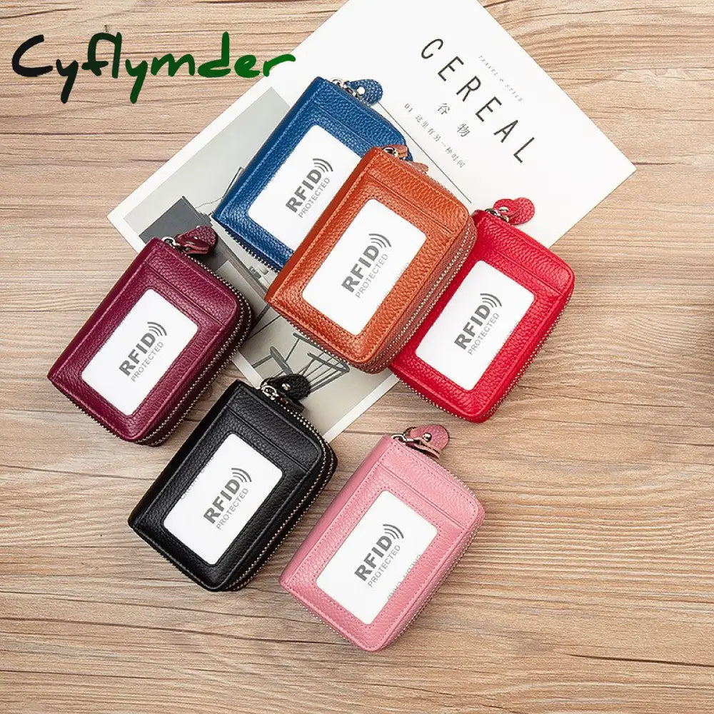 Cyflymder Rfid Blocking Fashion Women Card Holder Genuine Leather Double Zipper Large Capacity